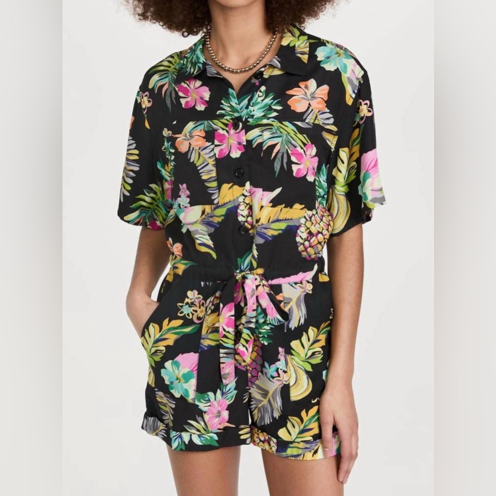 NEW LE SUPERBE fruit salad superbe romper in black tropi cali